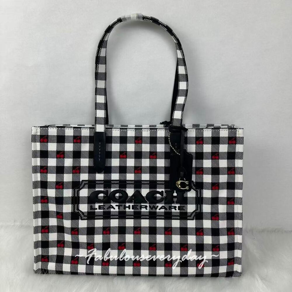 Coach Tote Bag With Gingham Print In Canvas/Gold/Black Multi CES71 NWT